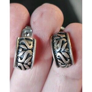 Signed SU 925 Thailand Embossed Sterling Silver Half Hoop Pierced Post Earrings